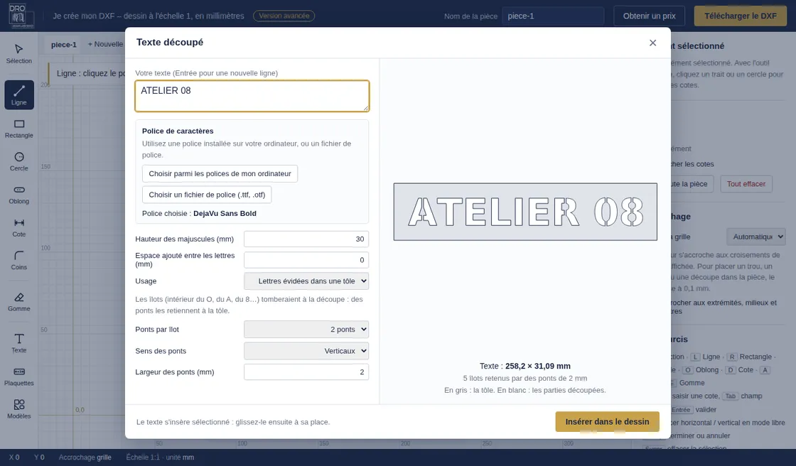 Fenêtre du texte découpé : texte pochoir avec ponts automatiques